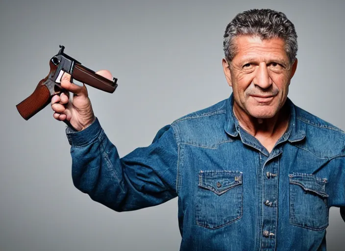 Image similar to studio portrait photo still of fred ward!!!!!!!! at age 5 3 years old 5 3 years of age!!!!!!! holding a revolver, 8 k, 8 5 mm f 1. 8, studio lighting, rim light, right side key light