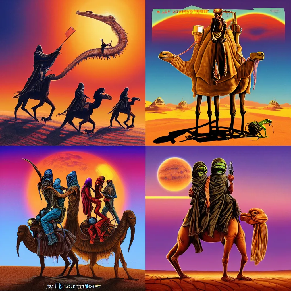 Prompt: arik roper style illustration of 4 cloaked donald trumps riding alien camels on the album cover art of dopesmoker by sleep, gas mask, mars