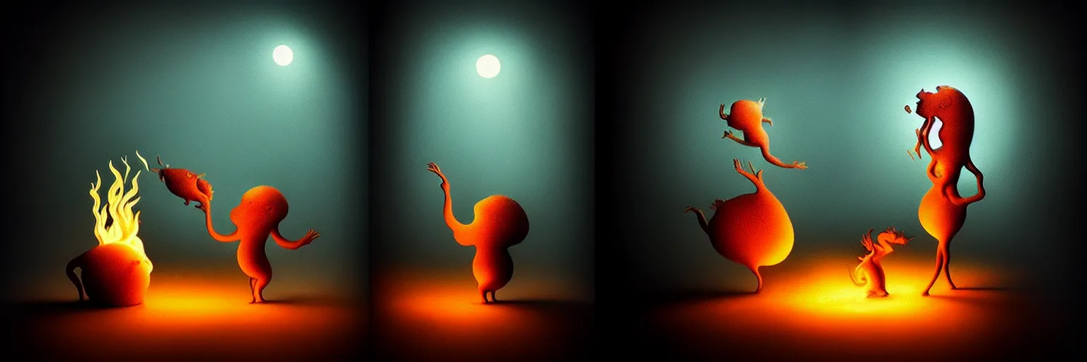 Image similar to whimsical microscopic creatures from the depths of the mind, dramatic lighting from fire glow, surreal darkly painting by ronny khalil