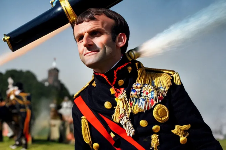 Prompt: closeup portrait of emmanuel macron dressed as napoleon firing a cannon at england, natural light, sharp, detailed face, magazine, press, photo, steve mccurry, david lazar, canon, nikon, focus