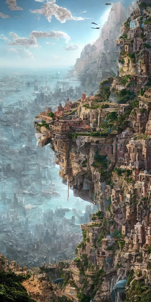 a painting of a city built into the side of a cliff, a | Stable ...