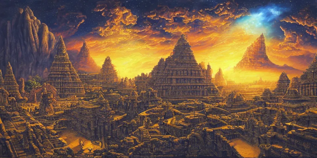 Image similar to fantasy oil painting, mega structure city, indore, kailasa temple, ellora, angkor wat, hybrid, looming, small buildings, warm lighting, street view, overlooking, interstellar space port launching dock, epic, distant mountains, bright clouds, luminous sky, cinematic lighting, michael cheval, david palladini, artstation, oil painting, natural tpose