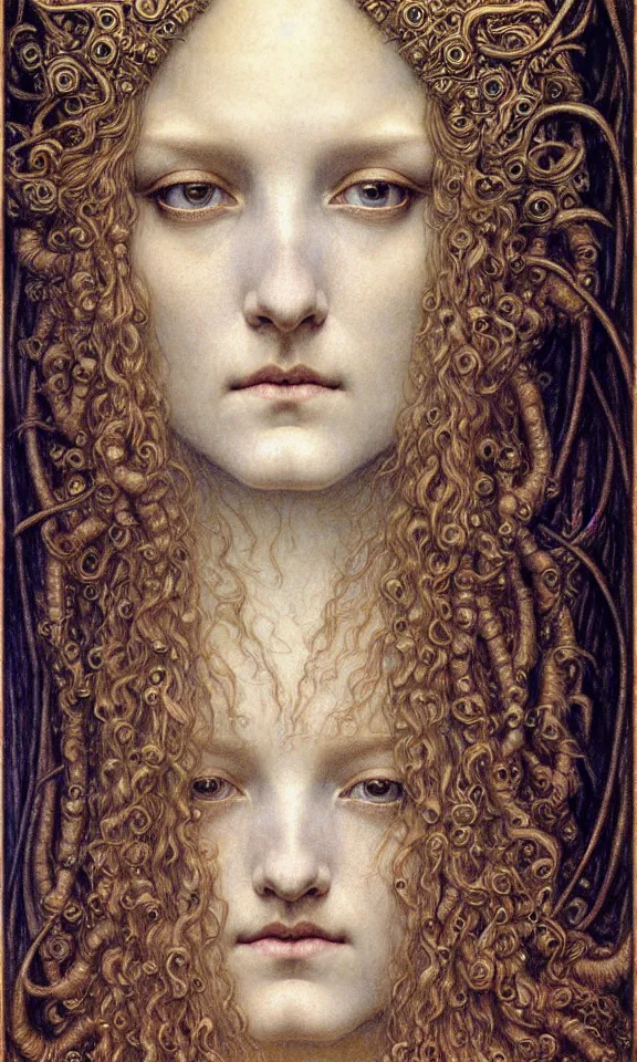 Image similar to detailed realistic beautiful young medieval queen face portrait by jean delville, gustave dore and marco mazzoni, art nouveau, symbolist, visionary, gothic, pre - raphaelite. horizontal symmetry