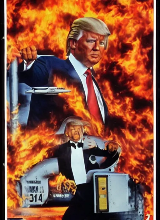 Image similar to an 8 0's john alvin action movie poster of donald trump starring in trumpster fire. explosions.