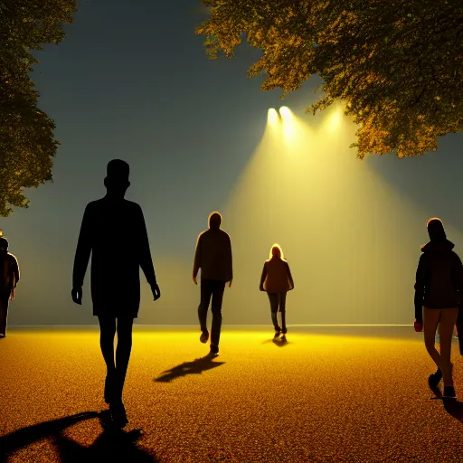 Image similar to shadow people walking in the park ultra realistic, lens flare, atmosphere, glow, detailed, intricate, full of colour, cinematic lighting, trending on artstation, 4 k, hyperrealistic, focused, extreme details, unreal engine 5, cinematic, masterpiece, ultra realistic, hyper realistic, highly detailed, sharp focus, digital art