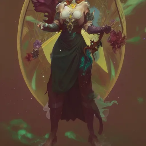 Prompt: raging female warlock magic powers floating in air feather cape electric eyes character concept art, by Peter Mohrbacher, Alphonse Mucha, by Marek Madej, 8k, trending on artstation, unreal engine 4k, detailed, full shot, symmetrical portrait, sophisticated, Unreal engine