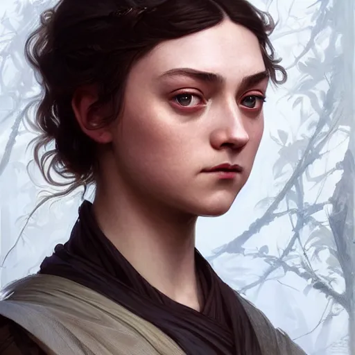 Image similar to portrait of arya stark, intricate, elegant, highly detailed, digital painting, artstation, concept art, smooth, sharp focus, illustration, art by artgerm and greg rutkowski and alphonse mucha and william - adolphe bouguereau