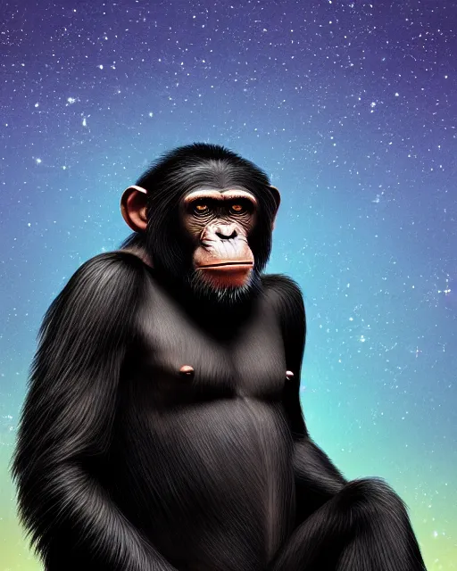 Image similar to very detailed high resolution illustration of a muscular chimpanzee, backlit, stars, night, surrounded, 3 d, 8 k, extremely detailed, artstation, award winning