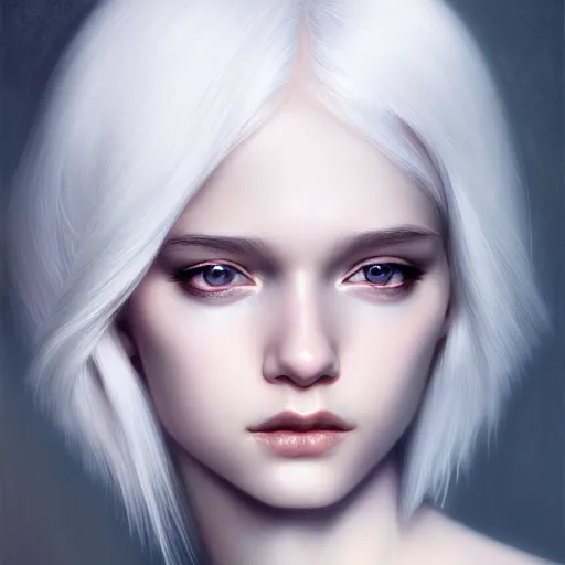 Image similar to teen girl, white hair, gorgeous, amazing, elegant, intricate, highly detailed, digital painting, artstation, concept art, sharp focus, illustration, art by Ross tran and kuvshinov, photography portrait by Paolo Roversi