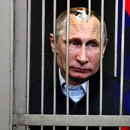 Prompt: Vladimir Putin with handcuffs behind bars, ugly, smooggy, dirty, grotesque,