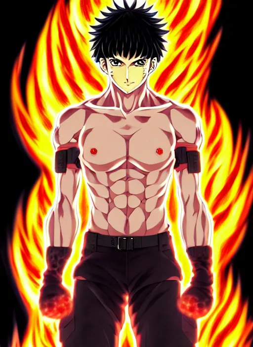 Image similar to a detailed manga full body portrait illustration of a dark haired cyborg anime man surrounded by fire by hirohiko araki, detailed artwork, realism, 4 k resolution, detailed, high quality, sharp focus, hq artwork, insane detail, volumetric lighting, character concept art, fine details, clear subject, central subject