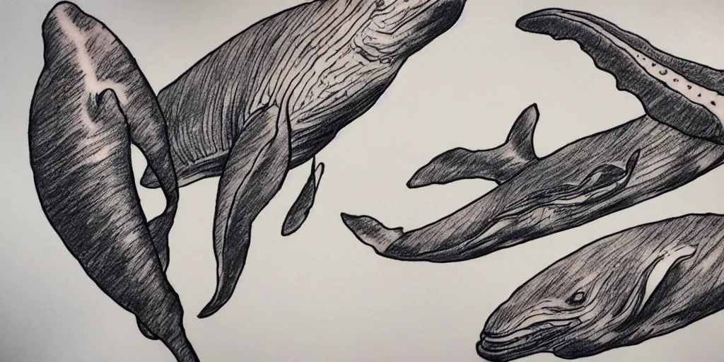 Prompt: realistic tattoo design drawn on paper of whales, golden, delicate, hyper realism, 1 4 5 0, ink, ultra realistic, 8 k