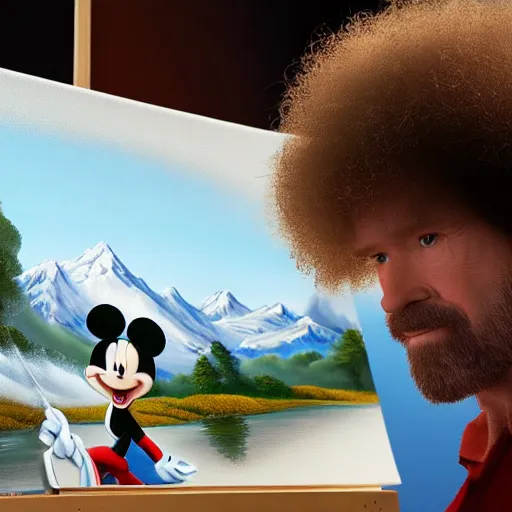 Image similar to a closeup photorealistic photograph of bob ross working on a canvas painting of mickey mouse. film still. brightly lit scene. mountains and trees. this 4 k hd image is trending on artstation, featured on behance, well - rendered, extra crisp, features intricate detail, epic composition and the style of unreal engine.