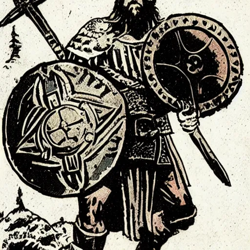 Prompt: viking holding a shield by mike mignola