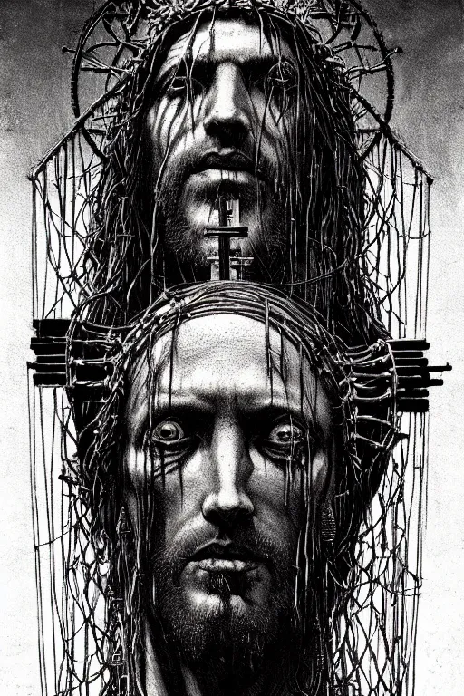 Image similar to a portrait of a cybernetic jesus nailed to a cross, wires, horror art by beksinski and giger and seb mckinnon and josan gonzalez, digital art, highly detailed, intricate, sharp focus, trending on artstation hq, deviantart, pinterest, unreal engine 5, 4 k uhd image