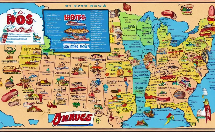 Image similar to hot dogs across america map, detailed, map key, tourist map, brochure