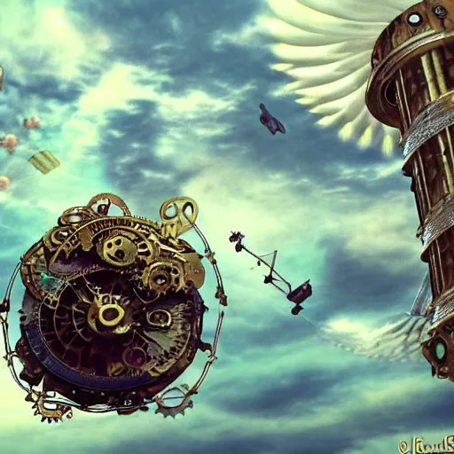 Prompt: flying city in a mechanical flower, sky, steampunk!, fantasy art, steampunk, masterpiece, octane