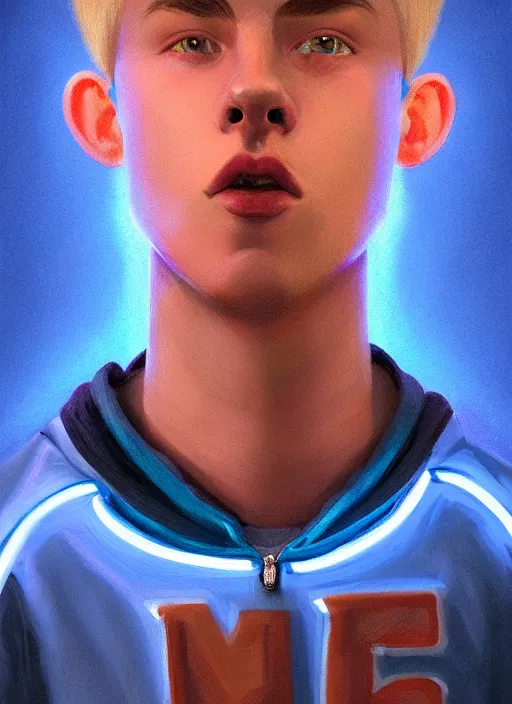 Image similar to portrait of high school senior boy named big moose, blonde short hair, jock, beefy, wide face, square jaw, square facial structure, blue varsity jacket with letter r, intricate, elegant, glowing lights, highly detailed, digital painting, artstation, concept art, sharp focus, illustration, art by wlop, mars ravelo and greg rutkowski