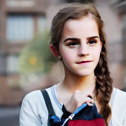 Prompt: photo of teenage pigtailed emma watson as schoolgirl, holding mesh bag with bagels, street of moscow, shallow depth of field, cinematic, 8 0 mm, f 1. 8