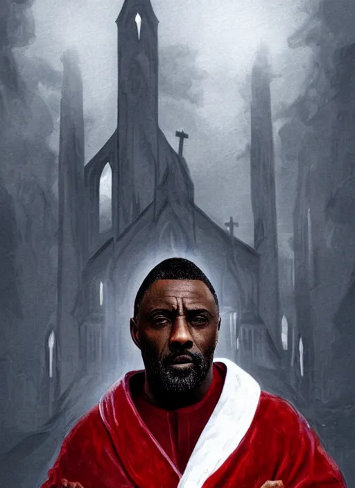 Image similar to a highly detailed illustration of idris elba as a sadistic sharp white haired priest wearing red and white robe, dramatic smiling wielding bloody cross pose, gothic church background, intricate, elegant, highly detailed, centered, digital painting, artstation, concept art, smooth, sharp focus, league of legends concept art, wlop