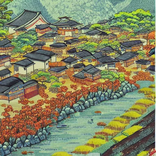 A beautiful print of Japanese Hometown village, creek, | Stable ...