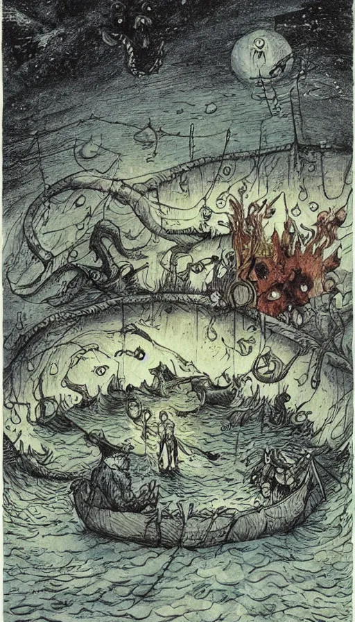 Image similar to man on boat crossing a body of water in hell with creatures in the water, sea of souls, by raymond briggs