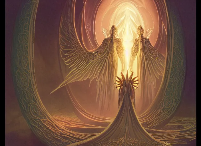 Prompt: a symmetrical! delicate magic the gathering illustration by charles vess of radiant winged seraphim entering the glowing entrance to a gargantuan vulva!!! - shaped temple of smooth organic architecture, floating in the astral plane and constructed of house - sized crystals and with the bulb of the vestibule made of iridescent pearl, copyright wizards of the coast