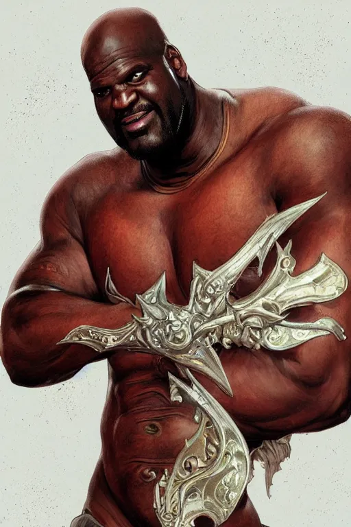 Image similar to portrait of shaquille o'neal as a hulking herculean demon, forest, godlike, full body, fantasy, intricate, elegant, highly detailed, digital painting, artstation, concept art, sharp focus, illustration, art by artgerm and greg rutkowski and alphonse mucha