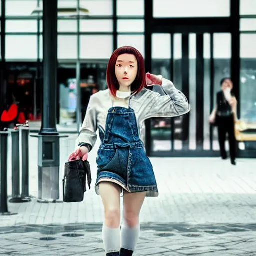 Prompt: a closeup portrait of woman walking in mall alone in style of 1990s, street photography seinen manga fashion edition, focus on face, eye contact, tilt shift style scene background, soft lighting, Kodak Portra 400, cinematic style, fish-eye lens, telephoto