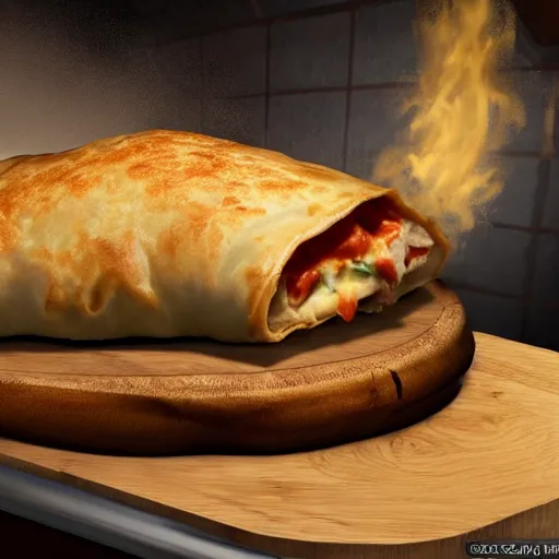 Image similar to al capone as a calzone being turned into a calzone as a calzone but still with the face of al capone being baked in an oven as a calzone, realistic, hyperrealistic, ultra realistic, real, real world, highly detailed, very detailed, extremely detailed, intricate details, 8 k resolution, hd quality