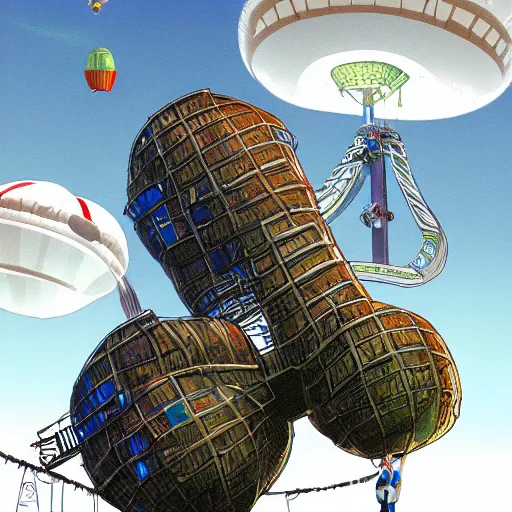 Prompt: giant cybernetic monkey scaling a skyscraper beanstalk surrounded by fighter blimps, concept art