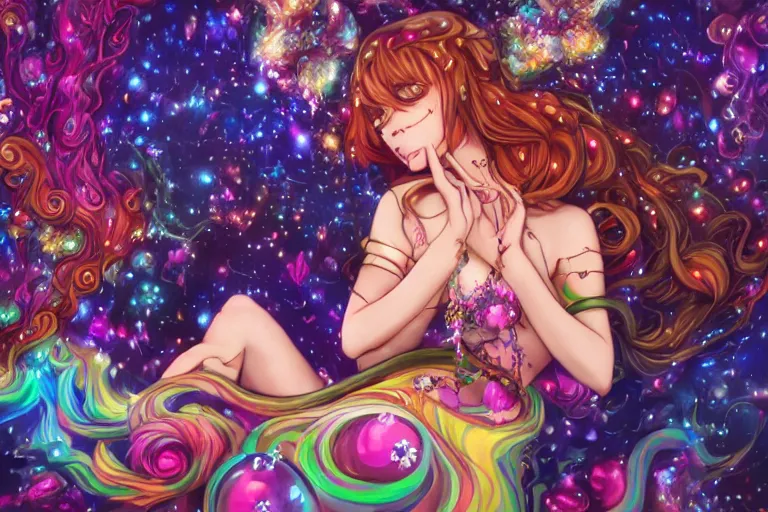 Prompt: psychedelic, whimsical, anime, 4k, beautiful seductive lamia smoking weed, with professional makeup, long trippy hair, a crystal and flower dress, sitting on a reflective pool, surrounded by gems, underneath the stars, rainbow fireflies, trending on patreon, deviantart, twitter, artstation, volumetric lighting, heavy contrast, art style of Greg Rutkowski and Miho Hirano and Ross Tran