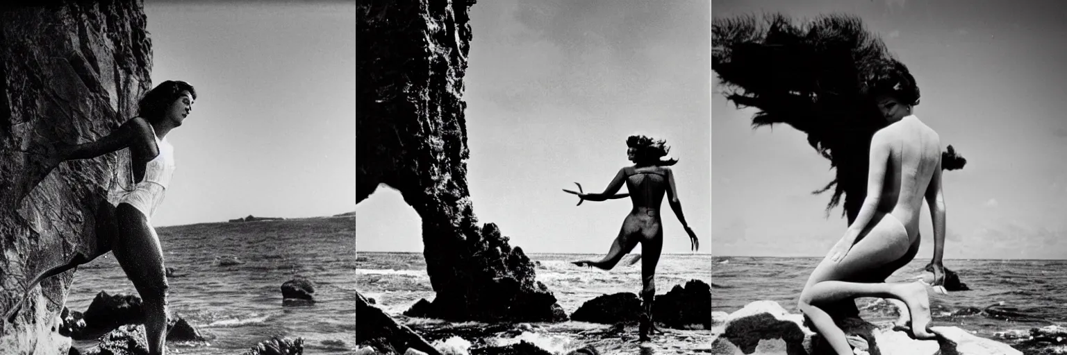 Prompt: Scene from a vintage movie showing Andromeda being attacked by a terrifying sea monster. Andromeda is played by Ava Gardner. Ava Gardner is standing on a rock in front of the sea and attempts to escape. 50 mm, contrasted, black and white, award-winning photography, cinematic