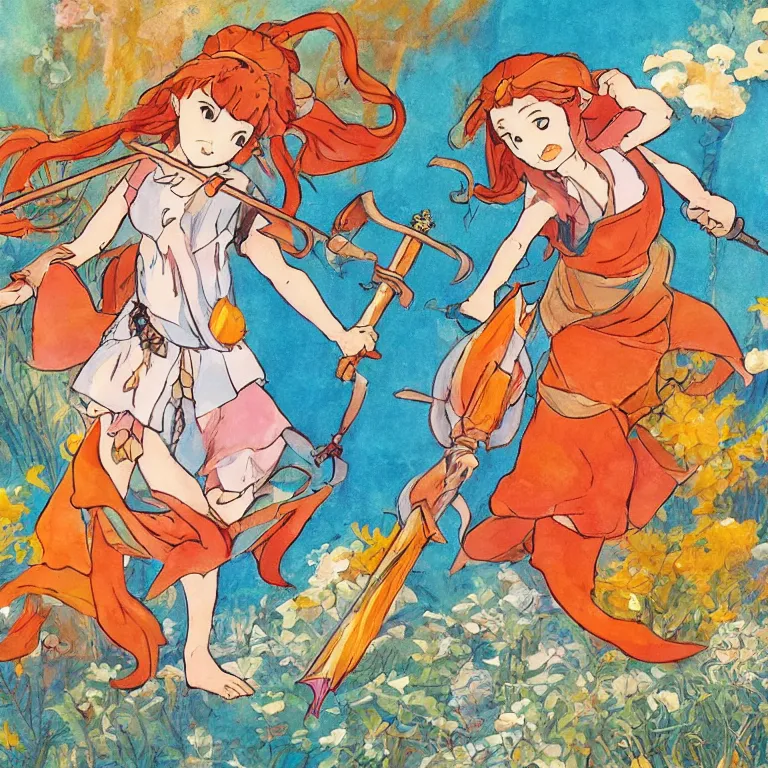 Image similar to young goddess, in goldfish armor, wielding a fish sword, symmetrical, painting in the style of studio ghibli