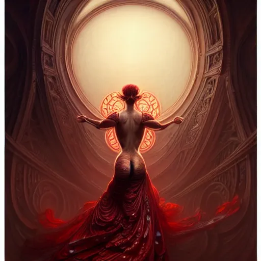 Prompt: low angle shot of a woman seen from the back with red wires , intricate, elegant, highly detailed, centered, digital painting, artstation, concept art, smooth, sharp focus, illustration, artgerm, Tomasz Alen Kopera, Peter Mohrbacher, donato giancola, Joseph Christian Leyendecker, WLOP, Boris Vallejo