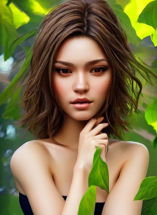 Image similar to photo of a gorgeous female in the style of stefan kostic, realistic, half body shot, sharp focus, 8 k high definition, insanely detailed, intricate, elegant, art by stanley lau and artgerm, extreme bokeh foliage