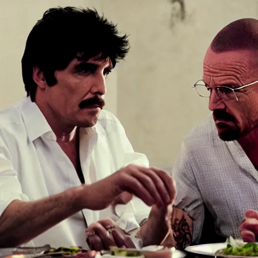 Prompt: tony montana and walter white discussing business at a dinner table, 4k, hd, photorealistic