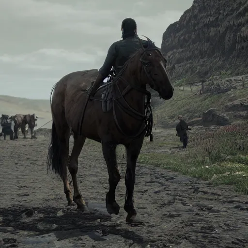 Prompt: death stranding game, a man walks on the ground, carries a horse on his back, walks hard, heavy load, heavy horse, a horse in the air, a horse riding an astronaut, games lag, lag in the game, unreal engine 5, artstationhd, 4 k, 8 k, 3 d render, 3 d houdini, cinema 4 d, octane,