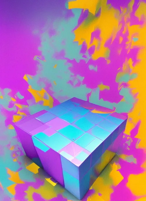 Prompt: a smooth grey cube being engulfed with extremely detailed splashes of blue, magenta and gold paint, surreal, pascal blanche, artstation