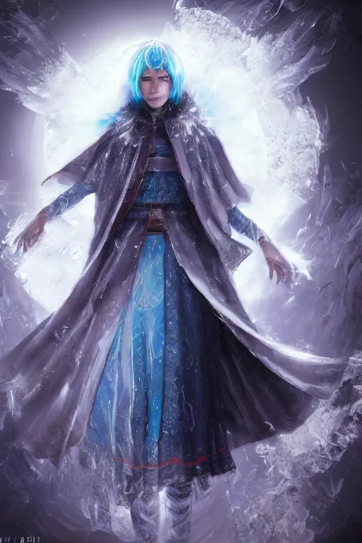 Image similar to an ice mage wearing a cloak surrounded by ice crystals, mixed media, digital art, trending on artstation, 8k, epic composition, highly detailed, AAA graphics