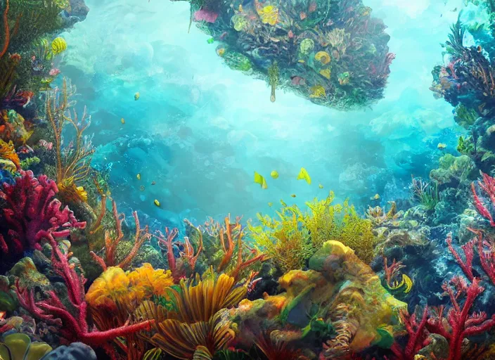 Prompt: overgrown foliage overtaking favela, underwater, colorful coral reef, scenery, professional, award - winning, trending on artstation, detailed, realistic, beautiful, emotional, shiny, golden, picture