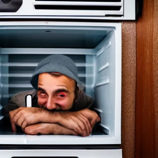 Image similar to man hiding inside a refrigerator