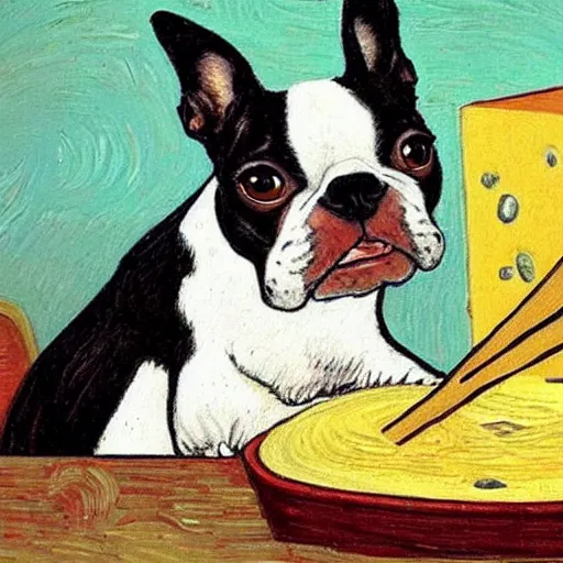 Image similar to a painting of a boston terrier eating cheese, in the style of van gogh, highly detailed