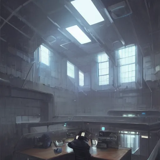 Prompt: concept art by greg rutkowski, the interior of a futuristic police station converted as a shelter, dim lighting, the windows were covered with steel plates and the desks as barricades, depressing atmosphere, scifi, digital painting, artstation, concept art, smooth, sharp foccus ilustration, artstation hq