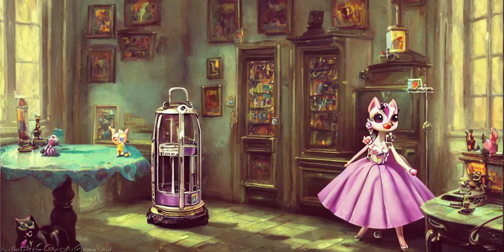 Image similar to 3 d littlest pet shop cat, vintage gothic gown, gumball machine, master painter and art style of noel coypel, art of emile eisman - semenowsky, art of edouard bisson