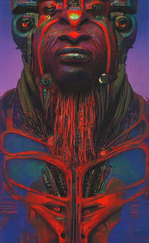 Image similar to portrait of mecha african tribal chief, symmetrical, dramatic lighting, colourful, art by zdzislaw beksinski,