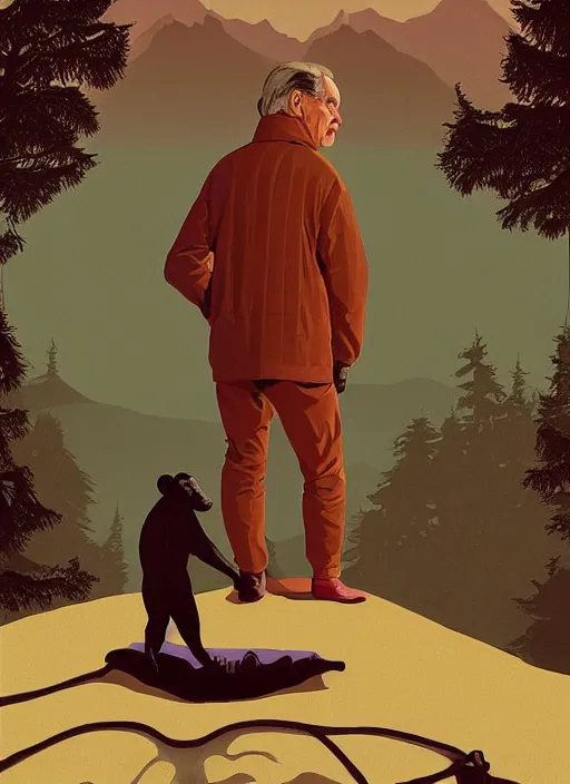 Prompt: Twin Peaks movie poster artwork by Michael Whelan and Tomer Hanuka, Rendering of a chimpanzee in a lap coat, small rural town in background, from a scene from Twin Peaks, clean, full of detail, Matte painting, trending on artstation and unreal engine