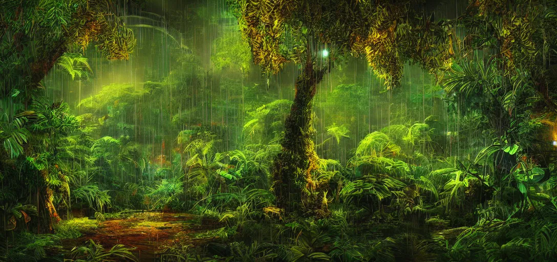 Prompt: Look of a lush jungle, rain, night, colorful moody scene, digital art, 8k, moody details