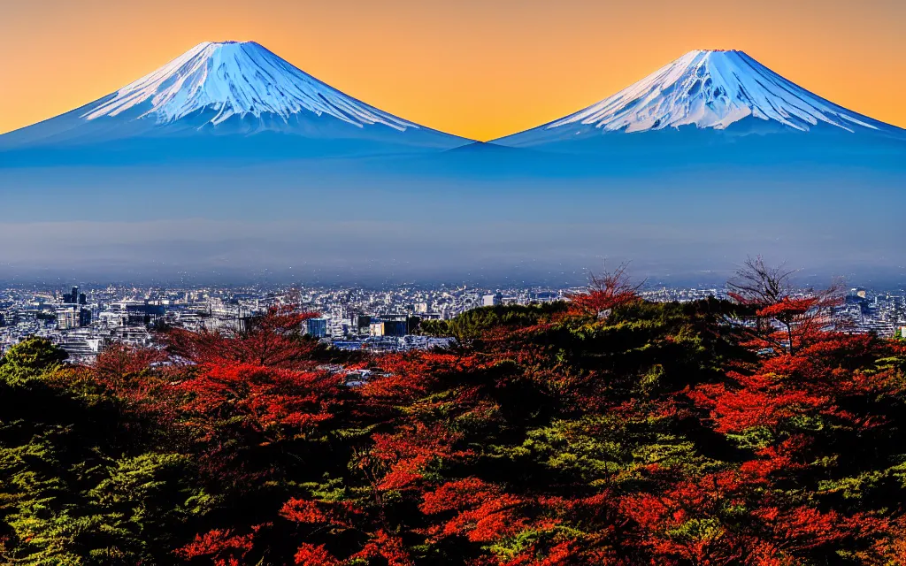 Image similar to a photo of mount fuji, among beautiful japanese landscapes, seen from a window of a train. dramatic lighting.