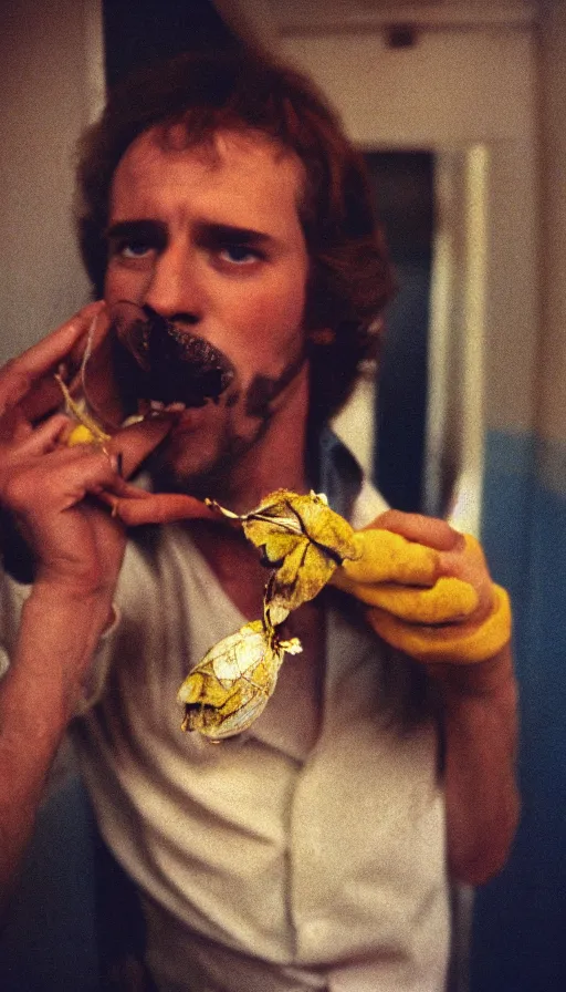 Image similar to 7 0 s movie still of a man with his mouth full of moth in a yellow tiny tunnel, cinestill 8 0 0 t 3 5 mm eastmancolor, heavy grain, high quality, high detail